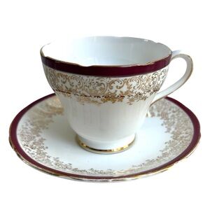 Vtg Salisbury Bone China Tea Cup Saucer Burgundy Gold England Cottage Bridgerton